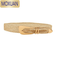 MOXUAN2022夏季新款女士连衣裙皮带pp草金色编织棉腰带金属扣头腰封