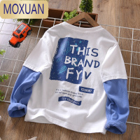 MOXUAN男童长袖T恤春秋季拼色中大童2022新款上衣印花儿童装打底衫