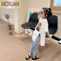 MOXUAN童装女童韩系炸街短袖上衣中大童夏季长款开叉自拍女孩T恤