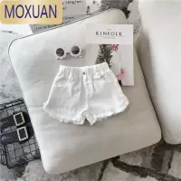 MOXUAN女童洋气纯色花边牛仔短裤2022夏季韩版宝宝时髦休闲热裤儿童裤子