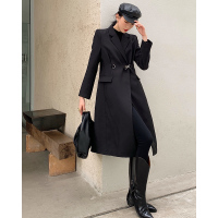 艳如飞2020秋新款小众西装外套金属扣子垫肩修身大衣女过膝长款风衣夹棉风衣