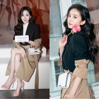 艳如飞杨幂明星同款西装气质撞色中长款OL英伦风衣过膝外套优雅收腰大衣风衣