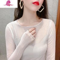 艳如飞网纱打底衫女低领紧身超薄内搭长袖薄款纱衣性感透视蕾丝薄纱上衣蕾丝衫