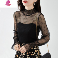 艳如飞白色蕾丝打底衫女春秋内搭波点网纱上衣薄款透明透视洋气黑色纱衣蕾丝衫