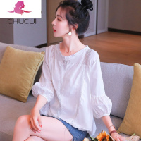 艳如飞早秋季灯笼袖雪纺白衬衫女时尚镂空蕾丝上衣初秋潮韩版宽松娃娃衫蕾丝衫