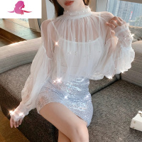 艳如飞春季套装时尚钉珠甜美超仙网纱灯笼袖蕾丝上衣女亮片半身裙两件套蕾丝衫
