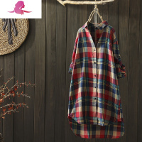 艳如飞枫谜春秋新款文艺复古多色格子中长款衬衫女宽松长袖衬衣外套上衣衬衫