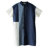 艳如飞大码女装夏季新款上衣胖mm文艺拼色短袖宽松中长款显瘦衬衫连衣裙衬衫