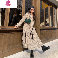 艳如飞李潇洒胖mm肌理感温柔风丝带抽褶长袖连衣裙女春装大码宽松中长裙大码女装