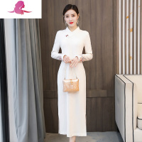 艳如飞中国风改良旗袍新款修身复古禅意中式文艺茶服女装长袖连衣裙大码大码女装