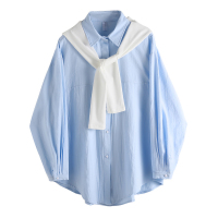 艳如飞休闲撞色披肩式假两件纯色衬衫女新款韩范文艺简约bf风中长款衬衣衬衫