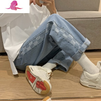 艳如飞胖mm格子牛仔裤女宽松直筒高腰显瘦百搭阔腿春季休闲裤子大码女装大码女装