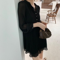 艳如飞新款大码秋装2020年女装小个子韩系宽松裙子v领褶皱长袖连衣裙潮大码女装