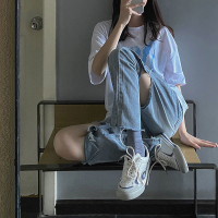 艳如飞破洞牛仔裤女直筒宽松高腰显瘦九分大码女装胖妹妹mm乞丐裤女阔腿大码女装