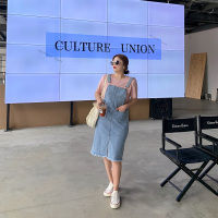 艳如飞大码女装胖mm复古方领连衣裙夏季牛仔短裙子微胖气质显瘦背带裙潮大码女装