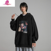 艳如飞薄荷星球 小女孩图案印花套头宽松假两件连帽卫衣潮牌学生上衣女T恤