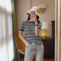 艳如飞夏季新款黑白条纹冰丝短袖t恤女宽松气质针织衫半袖装提花薄上衣T恤