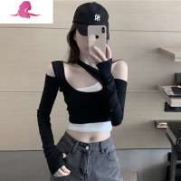 艳如飞性感露肩高腰打底衫女t恤长袖内搭漏肚脐短款假两件上衣春秋新款T恤