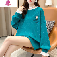 艳如飞胖mm洋气减龄棉卫衣女春秋季烫钻拼色花边宽松韩版假两件上衣女T恤