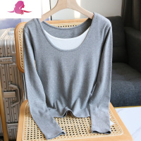 艳如飞百搭怒推~假两件大圆领T恤女长袖打底衫内搭修身黑色白色上衣春秋T恤