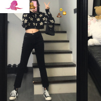 艳如飞早春新款大码高腰牛仔裤女200斤弹力直筒胖妹妹mm黑色裤子显瘦潮大码女装