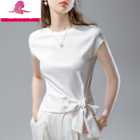 艳如飞丹语包肩短袖t恤女夏季新款纯色半袖棉体恤蝴蝶结绑带上衣设计感T恤