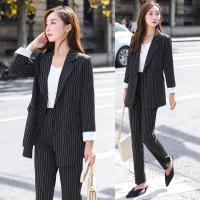 艳如飞大码女装洋气西服套装胖mm条纹西装九分裤减龄显瘦两件套200斤秋大码女装