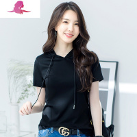 艳如飞白色连帽卫衣女士修身冰丝光棉带帽t恤女短袖棉打底半袖汗衫夏T恤