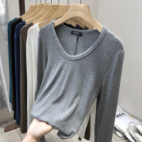 艳如飞白色打底衫女春季薄款修身大圆领长袖内搭T恤v领洋气上衣莫代尔T恤