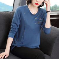 艳如飞中年妈妈棉长袖t恤女春秋衣外穿加肥加大码棉中老年宽松t血衫T恤