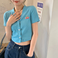 艳如飞樱桃针织小开衫女装夏季冰丝薄款短款外套粉色温柔风甜美短袖上衣T恤