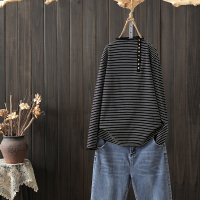 艳如飞秋季大码女装半高领条纹棉T恤200斤宽松百搭长袖内搭打底打底衫大码女装