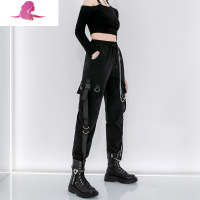 艳如飞黑色工装裤女夏季薄款带链条束脚潮流帅气超火炸街宽松嘻哈裤子女大码女装