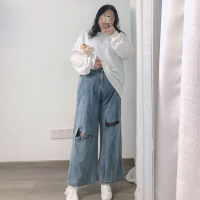 艳如飞特大码胖mm240斤高腰显瘦破洞阔腿牛仔裤女200斤直筒宽松遮胯拖地大码女装