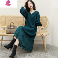 艳如飞大码女装春秋新款毛针织衫拼接宽松过膝长裙女法式遮肚连衣裙胖MM大码女装
