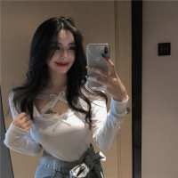 艳如飞大码胖mm春季心机蝴蝶结蕾丝织带长袖上衣修身内搭T恤打底衫女装大码女装