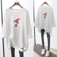 艳如飞破洞长袖t恤女春季宽松大码女装中长款体桖血打底衫胖mm百搭上衣大码女装