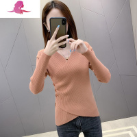 艳如飞交叉v领打底衫女春季新款女装短款长袖套头针织衫不规则修身毛衣T恤