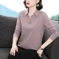 艳如飞加大码棉长袖t恤女秋衣外穿中年妈妈翻领棉中老年宽松有领t血T恤