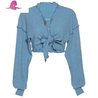 艳如飞KLIOU 慵懒风复古蓝色开衫上衣宽松设计感胸针短款心机长袖t恤 女T恤