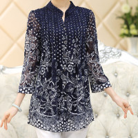 艳如飞中老年中袖衬衫春秋T恤大码中年妈妈女装加肥蕾丝衬衣打底衫夏装T恤