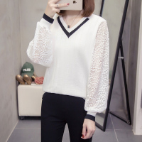 艳如飞加大码女装胖妹妹v领蕾丝拼接上衣洋气显瘦遮肚针织衫毛衣打底衫大码女装
