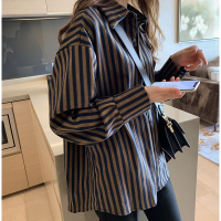 艳如飞胖mm藏肉条纹t恤衬衫200斤春季大码女装胖妹妹显瘦长袖上衣打底衫大码女装