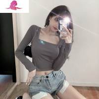 艳如飞春装新款修身长袖t恤女复古方领打底衫内搭小心机设计感短款上衣T恤