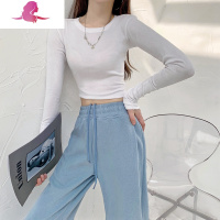 艳如飞春秋欧美风性感紧身内搭长袖打底衫纯色短款T恤女高腰露脐上衣潮T恤