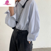 艳如飞崇洛鹿蓝白细条纹衬衫女长袖秋冬新款宽松男友风外穿内搭打底上衣T恤