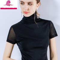 艳如飞丹语早秋款女装潮欧洲站短袖t恤高领网纱打底衫女夏薄款紧身上衣T恤