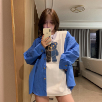 艳如飞林珊珊 可爱撞色小熊t恤女春季新款韩版休闲宽松百搭落肩内搭上衣T恤