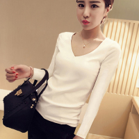 艳如飞棉黑色打底衫女长袖低领秋冬t恤修身百搭小衫v领秋衣紧身上衣潮T恤