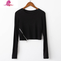 艳如飞悠伦短款上衣女春秋侧拉链配高腰裤长袖心机露肚脐修身打底衫t恤T恤